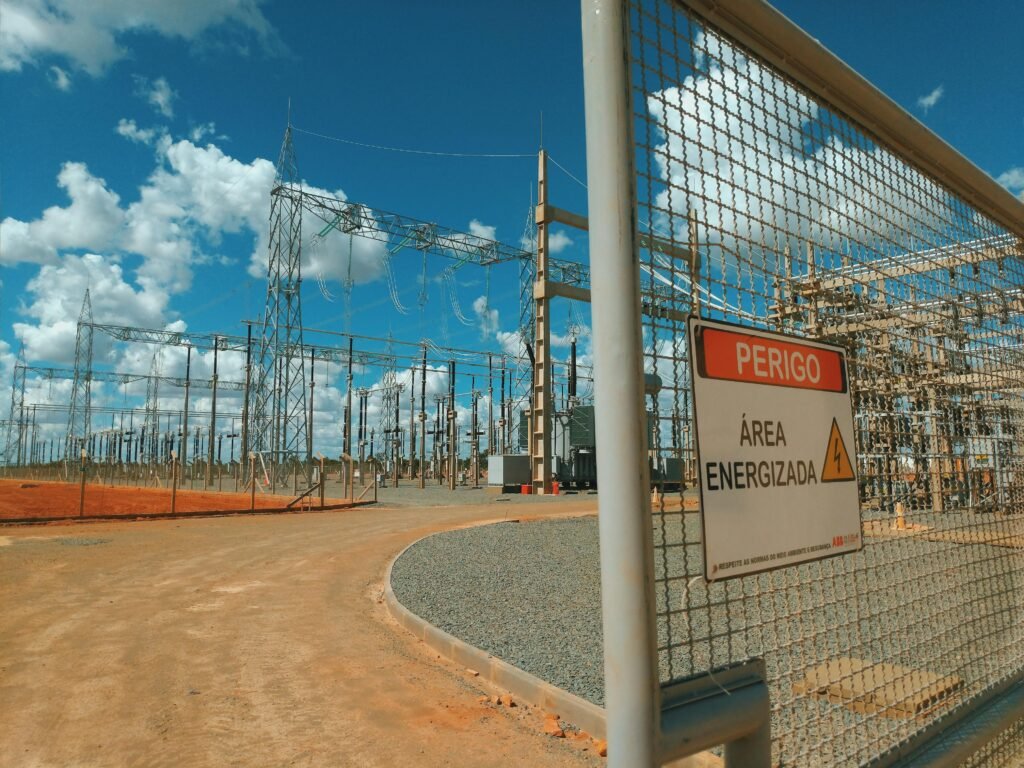 High voltage electrical substation with warning sign in São Gonçalo do Gurguéia, PI, Brazil.